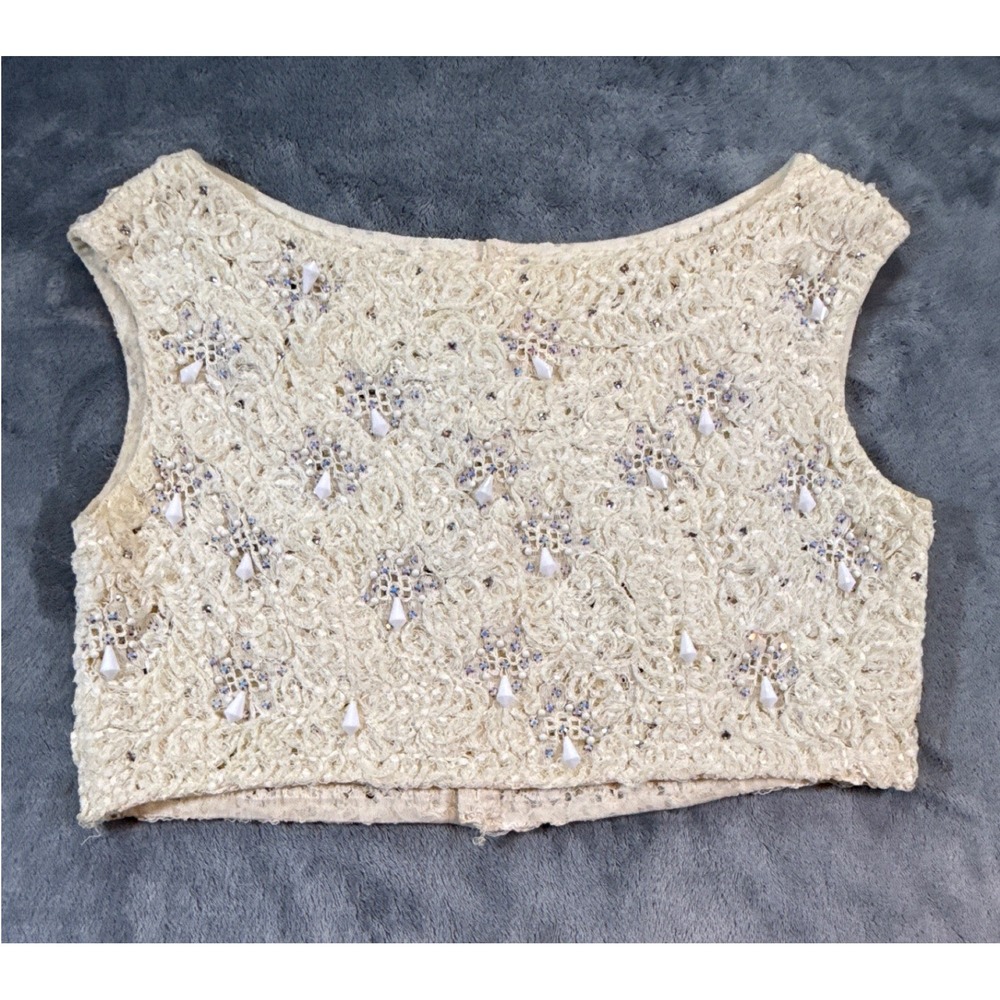 Vintage 1960s Cream Beaded Lace Bolero Cropped Sleeveless Dress Topper Glam
